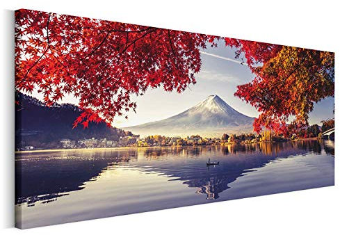 Revolio 150x50 cm Panorama Bilder Leinwandbild Wandbilder Wohnzimmer Modern Kunstdruck Design Wanddekoration Deko Bild auf Leinwand 1 Teilig - Japan Berg Fuji rot Blau