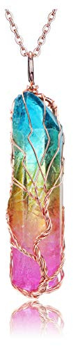 PESOENTH Crystal Necklace Life Tree Rainbow Quartz Gemstone Healing Stone Rose Gold Wire Wrap Necklace Crystal Jewelry Spiritual Gifts for Women