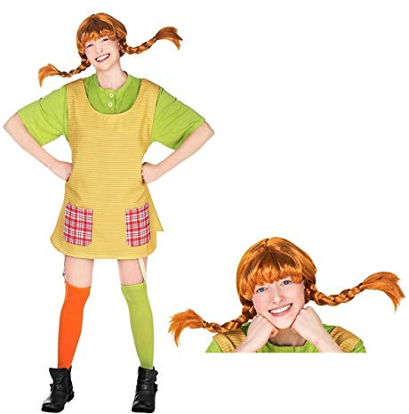 Maskworld Pippi Langstrumpf Kostüm für Damen, 5-teilig mit Shirt, Schürze, Strümpfe & Perücke, Karneval Verkleidung Faschingskostüm Party, offiziell lizenziert Klassiker Filmkostüm Kult-Outfit – S