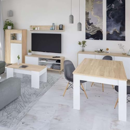 Miroytengo Pack Muebles Salón Nórdico Blanco Y Roble Completo (Mueble TV + Aparador + Vitrina + Mesa Comedor + Mesa Centro)