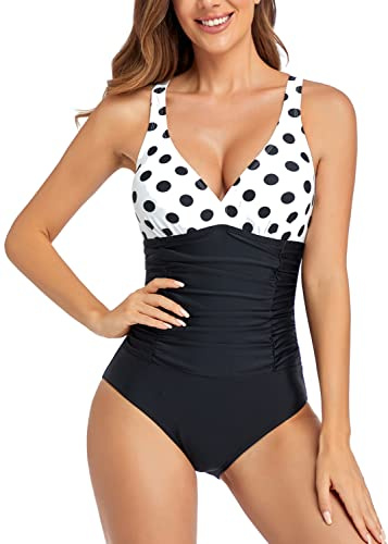 Derssity Ruched Tummy Control One Piece Swimsuit for Women, Retro Vintage V-Plunge Neckline with Adjustable Cross-Strap Back, Size L, Color BD