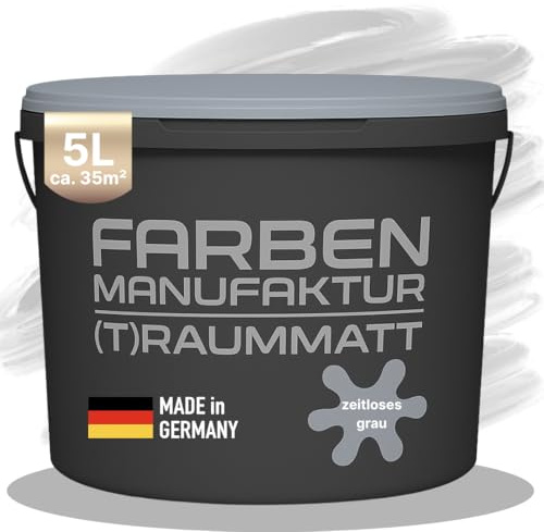 Farben Manufaktur Wandfarbe Zeitloses Grau Edelmatt 1-10 L [SEHR DECKEND] für ca. 15 m² – Atmungsaktive Innenwandfarbe – Schnelltrocknende Innenfarbe - Dispersionsfarbe Grau 2L