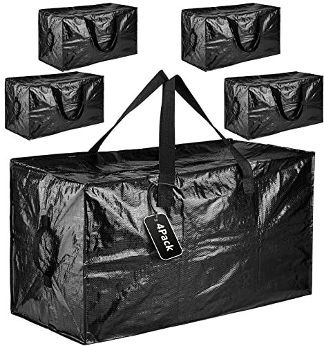 4 Stück 110L Umzugskartons Groß Stark mit Deckel, Schwerlast Wasserdichte Aufbewahrungsbox für Umzug, Wäschesäcke mit Reißverschluss, Aufbewahrungsbeutel für Kleidung, Bettdecke, Schwarz
