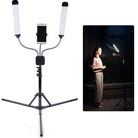 Fotobelysning LED-lampa dubbelarm lampa LED dagsljus lampa med teleskopstativ och mobiltelefonhållare för videoinspelning, selfie, live-ström, smink/fotografering