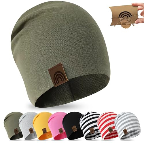 fenchi's AUSTRIA barnmössa 6M-3 år 48–52 cm, vår övergångstid mössa slouch i presentförpackning, bomull, Grön, one size
