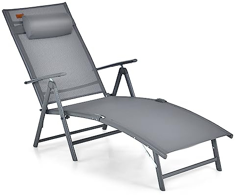 Multigot Folding Sun Lounger, 7-Level Adjustable Patio Sunbed Deck Chair with Removable Pillow & Armrests, Metal Frame Portable Reclining Chaise Lounger Camping Bed Cot for Outdoors (Grey)