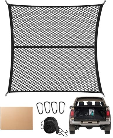 FoundGo 120x120cm Double Couche Filet de Chargement élastique [Max. 210x210cm Extensible] Filet de Chargement pour Camion Camping-Car INCL.4X mousquetons+4X Crochets ABS+2X Sangles élastiques