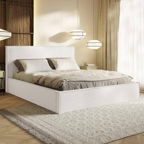 MOTIVENA Boho Bett 160x200 Weiß Boucle, mit Stauraum, mit Kopfteil, mit Lattenrost, ohne Füße, ohne Matratze, Polsterbett 160x200 mit Bettkasten Weiß (Milch)