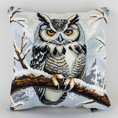 AMBATTERY Kreuzstich Kissen Set Vorgedruckt, Eule auf einem Ast Kreuzstichkissen Zum Dekorieren 45X45cm Stickkissen Zum Selbersticken Kreuzstich Set Vorgedruckt Kissenbezug