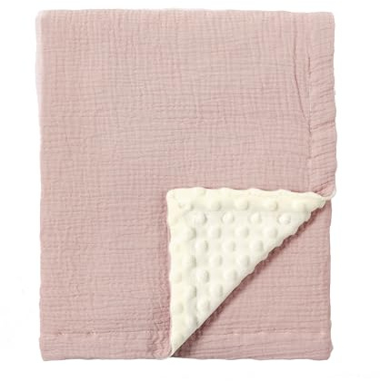 CREVENT - Manta de algodón Muselina orgánico con Reverso de visón Suave para recién Nacidos, Regalo para Fiesta de Bienvenida de bebé o cumpleaños, Rosa, 75 x 100 cm