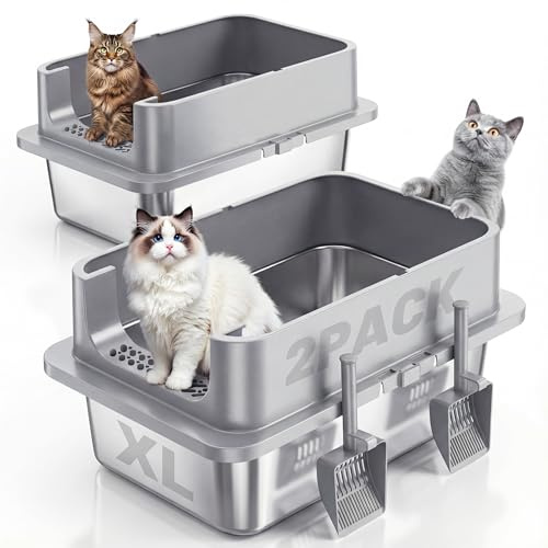 Jotesnew 2 Pack XL Stainless Steel Cat Litter Box with Lid and High Sides, 24 L x 16 W x 12 H Extra Large Metal Cat Litter Boxes for Big Cats, Leak-Proof, Non-Stick, Odor-Resistant, Includes Scoop