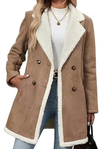 LIUYUYOUGO Trench Coat Femme Manteaux D'Hiver Longs En Daim Pour Femmes Veste En Simili Cuir Suédé Caban Croisé À Revers Tendance Chaud Doublé En Polaire Sherpa Manteau Mi Long Kaki Tai