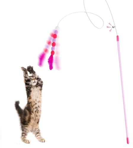 DOPENSPI Cat Wand Toy, 30 cm Interactive Feather Teaser Wand | with Bell Plush Ball Interactive Cats Catcher Indoor Cat Exerciser Training Stick