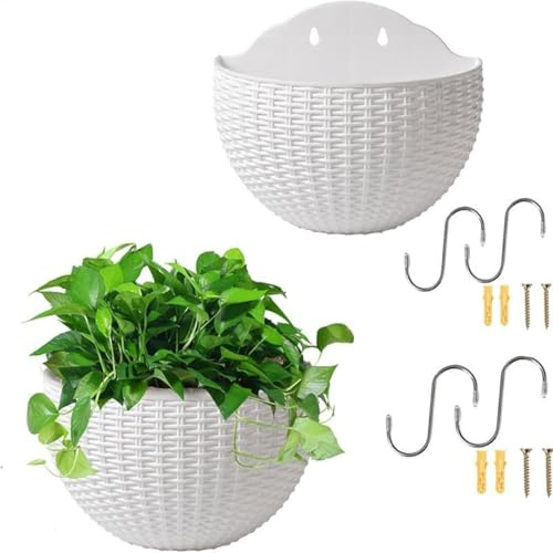 Generico 2 Pezzi Vaso Da Fiori Sospeso A Parete In Finta Rattan, Vasi Da Fiori Da Appendere Alla Parete Semicerchio, Portapiante Fioriere A Muro Con Foro Di Drenaggio E Ganci Per Recinzione Balcone