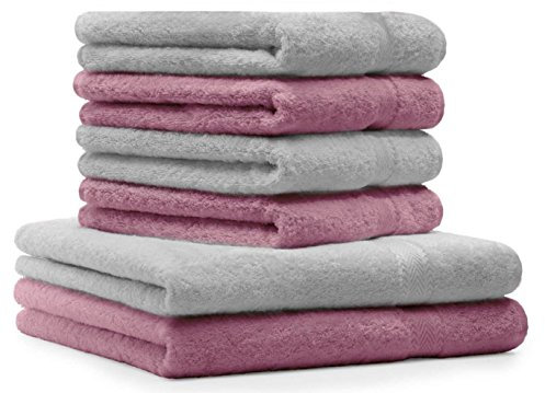 Betz 6-TLG. Handtuch-Set Premium 100% Baumwolle 2 Duschtücher 4 Handtücher Farbe Silbergrau und Altrosa
