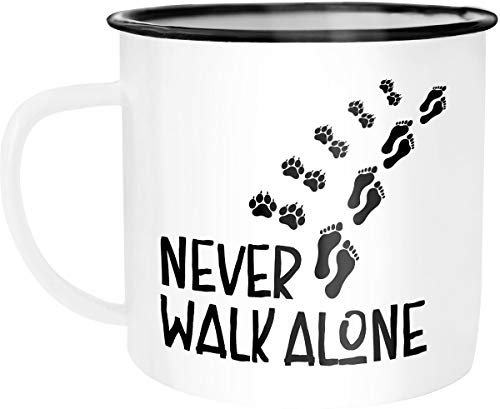 Moonworks Emaille Tasse Becher Never walk alone Hund Hundebesitzer Dog Kaffeetasse weiß-schwarz unisize