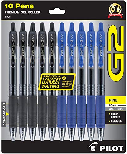 PILOT G2 Stifte, 0,7 mm, 10 Stück, 5 blaue und 5 schwarze Stifte, Kugelschreiber, feine Spitze, nachfüllbar und einziehbar