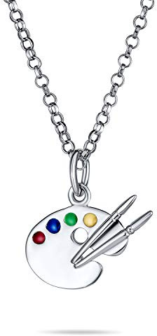 Bling Jewelry Peintre Dessinant Palette D'Artiste Futuriste Émaillée Multicolore Collier Pendentif Avec Pinceau De Peinture Pour Femmes Adolescente Professeure D'Art .925 Argent Sterling