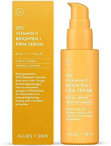 Allies of Skin 20% Vitamin C Brighten + Firm Serum: 20% Ethylated L-Ascorbic Acid + Orange Extract Complex with Glutathione. Waterless & Antioxidant. Firms & Intensely Brightens. 1 oz / 30 ml