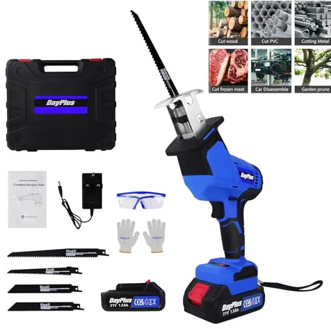 Reciprocating Saw Cordless Reciprocating Machine with 2pc Batteries Variable Speed, Tool-Free Blade Change, 22MM Stroke Length, 4 Saw Blades Included for Wood & PVC & Metal Cutting