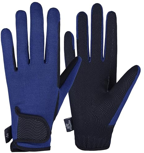 AFE Ladies Horse Riding Gloves Track Fabric Gloves Synthetic Leather Equestrian Black Stretch Fabric Navy Blue