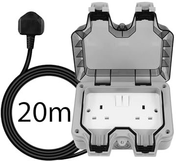 Shine Planet Weatherproof Double Outdoor Socket - IP66 Waterproof Outside Garden Extension Lead Box - Switched Wall Electrical Outlet 13Amp 2 Gang Power Socket 3-20M (20M)