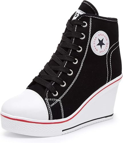 nulala Sneaker da Donna in Tela, con Zeppa, Scarpe da Ginnastica con Tacco Alto, Scarpe da Donna con Plateau per Lo Sport, Il Tempo Libero, Nero, 35 EU