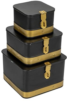 Creative Co-Op Nestable Square Metal Storage Boxes with Hasp Lock, Black, Set of 3
