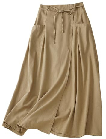 Giltpeak Jupe longue d'été en lin et coton pour femme Taille haute élastique Style décontracté vintage trapèze Jupe midi avec poche, kaki, L