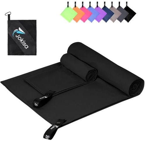 Jokisa Mikrofaser Handtuch 2er Set, 180X90cm Strandtuch Mikrofaser + 80X40cm Sporthandtuch, Schnelltrocknendes & Sandfrei Handtücher für Outdoor Sauna Strand Trekking (Schwarz)