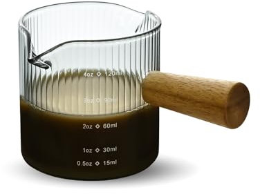 Denovin Glass Measuring Cup, 4oz Espresso Shot Glass with Wood Handle