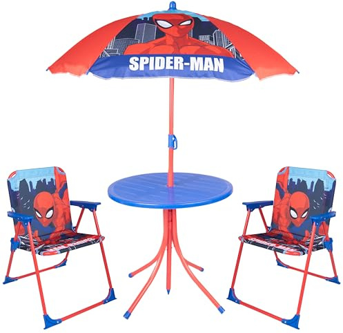 Relsy Spiderman Kid's Patio Set, Childrens Garden Furniture 4-Piece Red Patio Set Includes Table, 2x Chairs, Adjustable Parasol, Spider-Man Kids Outdoor Furniture