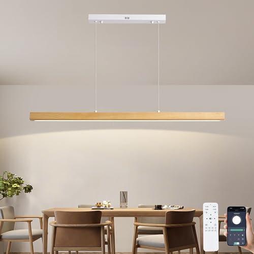 Pinrutar Holz LED Pendelleuchte Esstische Dimmbare Hängelampe Esszimmer Esstischlampe Fernsteuerung und App-Steuerung, Modern Design, Einstellbare Farbtemperatur/Helligkeit/Höhe,L100CM/36W