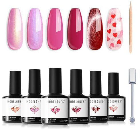Modelones UV Nagellack 6 Farben Gel Nagellack UV Nageldesign Sets Soak Off Gel Polish für Maniküre Nageldesign, Rosa Rose Rot Weiß mit Glitzer