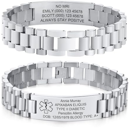 Gamtic Bracelet d'urgence Alerte Médicale Personnalisé - SOS Bracelet de Sécurité Idenfication Maladie Contact Urgent Gravé, Bracelet à Maillons pour Homme en Acier inoxydable 21CM Réglable (Argent)