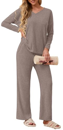 GRECERELLE Ensemble 2 pièces pour Femme Élégant Côtelé Vêtement d'intérieur Tenue d'automne Ensemble (Beige, M)