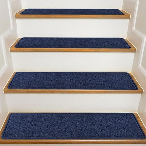 Hearda Stair Carpet Treads, Indoor Outdoor Carpet Stair Treads, 5/10pcs Non-Slip Stair Treads Removable Reusable Stair Carpet Self-Adhesive, for Kids Elders Pets (10PCS,Navy Blue)