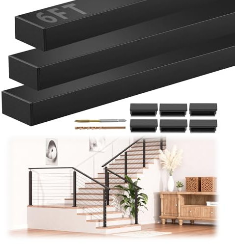 Gyykzz 6FT Stainless Steel T304 Handrail Black, 3 Pack Rectangular Cable Railing Handrail Flat Deck Top Rail with Nylon End Caps for Indoor Outdoor Deck Stair Cable Railing System DIY Balustrade