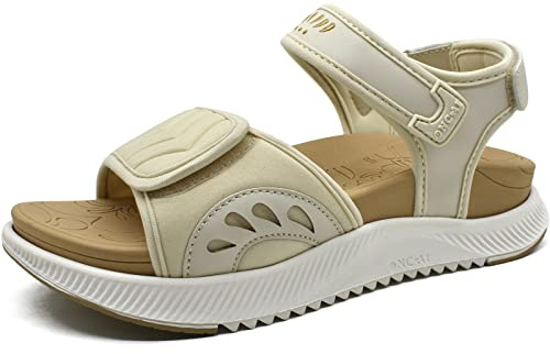 ONCAI Sandalias Mujer Caminar 2025,Arco Soporte Senderismo Sandalias con Ortopédica Plantilla para Fascitis Plantar,Deportivas Plataforma Slides Mujer con 3 Ajustables Correas,Beige/Blanco Tamaño 41