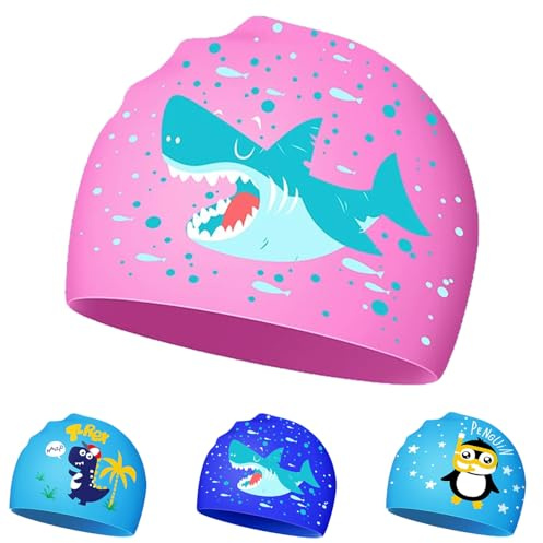 Bonnet de Bain Enfants, Bonnet Piscine Enfant, Silicone Bonnet Natation, Imperméable Bonnet Piscine, 100% Silicone – Extensible Confortable – pour Garçons Filles 4-14 Ans (A)