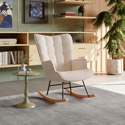 LIVLUX Fauteuil à Bascule, Rocking Chair avec Accoudoirs, Fauteuil Allaitement,Pieds en Bois Massif, pour Salon Chambre à Coucher Balcon Jardin (Beige A, 68 x 75 x 92 cm)