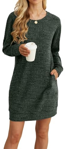 PrinStory Women Jumper Dress With Side Pockets Long Sleeve Winter Mini Dresses Casual Loose Knitted Pullover Sweater Tunic Tops Basic Dress