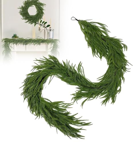 KUWUNG 9ft/2.7m Artificial Norfolk Pine Garland, Artificial Pine Garland, Green Cedar Garlands, Christmas Garlands for Table, Mantle, Wall, Window, Stairs, Indoor, Outdoor Christmas Decorations