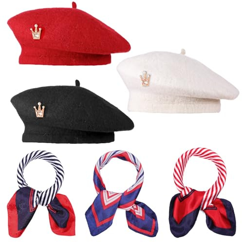 Angirlish 9Pcs French Beret and Silky Scarf Set with Brooch