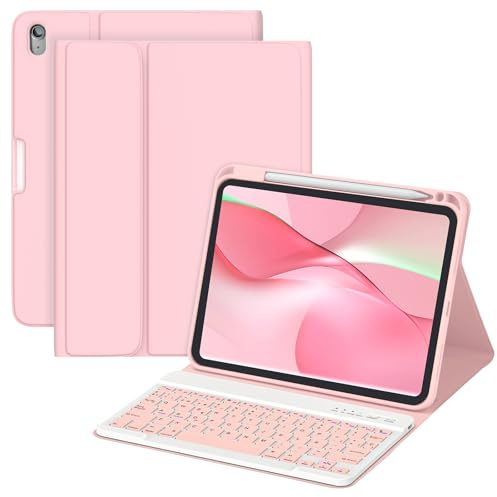 MMK Funda con Teclado para iPad A16 11ª Generación 2025/10ª Generación 2022, QWERTY Español Ñ, Funda Teclado iPad 11/10 Gen Bluetooth Inalámbrico Desmontable (Rosado)