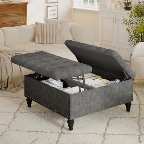 iabifo Large Ottomans with Storage, Lift-Top Coffee Table, Multi-Purpose Ottoman with Hidden Storage, Modern Tufted Footstool Bench for Living Room, Dark Grey