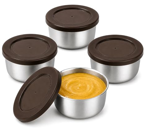 GBKDQQ 4 cajas de aperitivos de acero inoxidable pequeñas, 260 ml, caja de acero inoxidable con tapa redonda, a prueba de fugas, reutilizable, accesorios para ollas de destete, ensaladas, aderezos