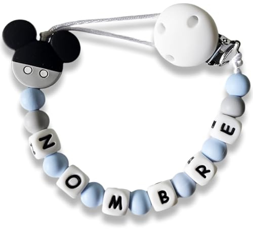 Chupetero Personalizado con Nombre de Bebe. Cadena para no Perder el Chupete. Sujetachupetes Seguro Frabricado en España. EN-71. Sujetatijeras enfermeria (Gris y Azul)