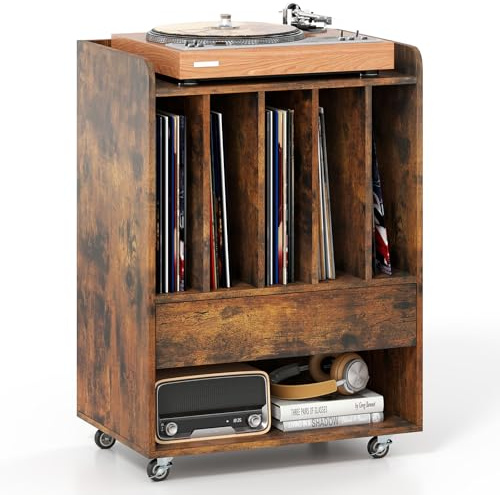 COSTWAY Meuble Platine Vinyle a Roulette avec Tiroirs, 6 Compartiments pour 150 Albums, Étagère, Meuble Rangement Hifi pour CD DVD Manga Livre, Support de Tourne-Disque pour Salon, Chambre (Marron)