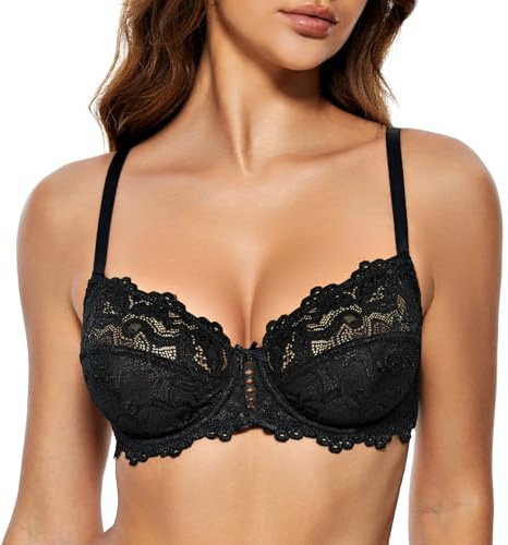 WingsLove Women's Bra Full Coverage Non-Padded Soft Cup Floral Lace Underwire Bras Black 32DD
